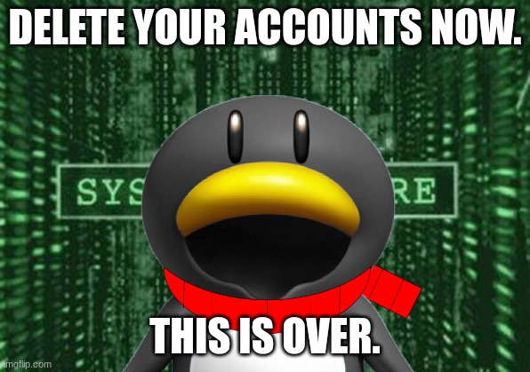 THIS ENDS NOW... | DELETE YOUR ACCOUNTS NOW. THIS IS OVER. | image tagged in glitch in the matrix | made w/ Imgflip meme maker