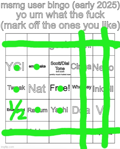 MSMG user bingo (Christmas 2024) | isnt scott pretty much hated now | image tagged in msmg user bingo christmas 2024 | made w/ Imgflip meme maker