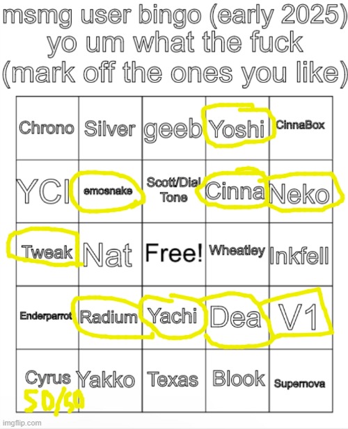 not gonna lie I barely know these people except Yachi and ES | image tagged in msmg user bingo christmas 2024 | made w/ Imgflip meme maker