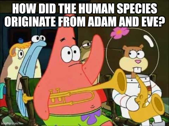 questioning patrick | HOW DID THE HUMAN SPECIES ORIGINATE FROM ADAM AND EVE? | image tagged in questioning patrick | made w/ Imgflip meme maker