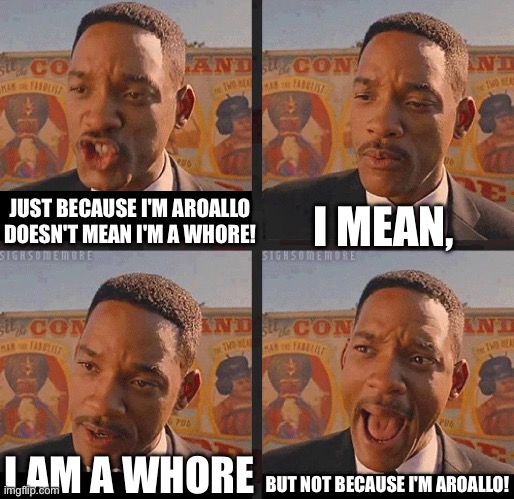 I'm aroallo, but not... okay, well, kinda... | I MEAN, JUST BECAUSE I'M AROALLO DOESN'T MEAN I'M A WHORE! BUT NOT BECAUSE I'M AROALLO! I AM A WHORE | image tagged in but not because i'm black | made w/ Imgflip meme maker