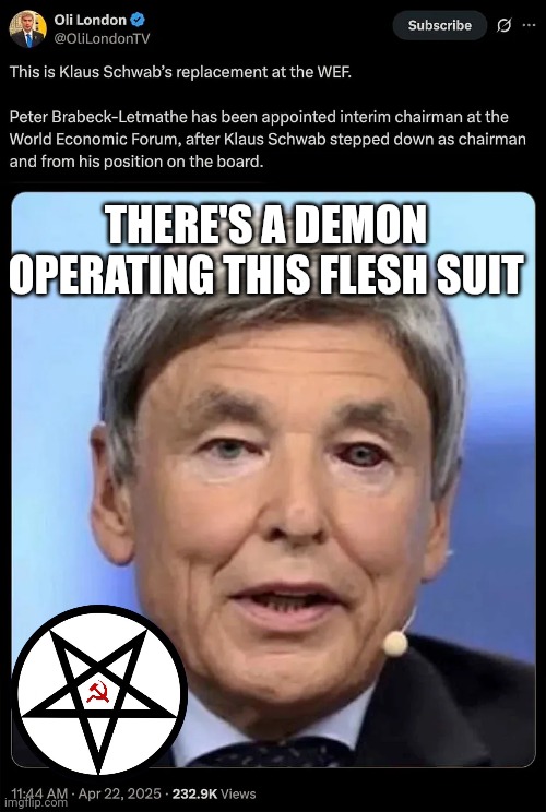 WEF memes | THERE'S A DEMON OPERATING THIS FLESH SUIT | image tagged in demonic | made w/ Imgflip meme maker