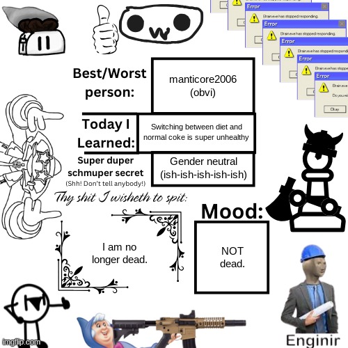 Hello chat. | manticore2006 (obvi); Switching between diet and normal coke is super unhealthy; Gender neutral (ish-ish-ish-ish-ish); I am no longer dead. NOT dead. | image tagged in extra_crispy_toast announcement template | made w/ Imgflip meme maker