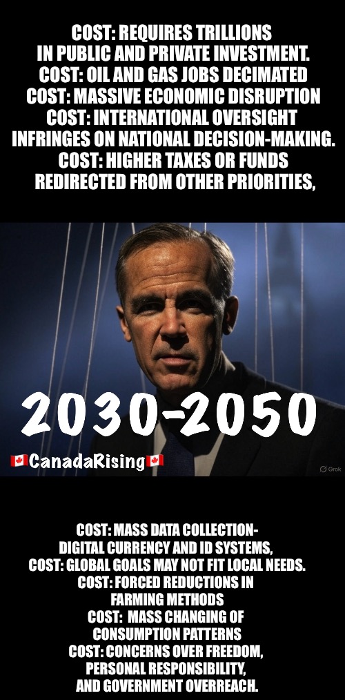 ??CanadaRising?? | COST: REQUIRES TRILLIONS 
IN PUBLIC AND PRIVATE INVESTMENT.
COST: OIL AND GAS JOBS DECIMATED
COST: MASSIVE ECONOMIC DISRUPTION
COST: INTERNATIONAL OVERSIGHT 

INFRINGES ON NATIONAL DECISION-MAKING.
COST: HIGHER TAXES OR FUNDS
 REDIRECTED FROM OTHER PRIORITIES, COST: MASS DATA COLLECTION-

DIGITAL CURRENCY AND ID SYSTEMS, 
COST: GLOBAL GOALS MAY NOT FIT LOCAL NEEDS.
COST: FORCED REDUCTIONS IN 
FARMING METHODS
COST:  MASS CHANGING OF 
CONSUMPTION PATTERNS
COST: CONCERNS OVER FREEDOM, 
PERSONAL RESPONSIBILITY, 
AND GOVERNMENT OVERREACH. | made w/ Imgflip meme maker