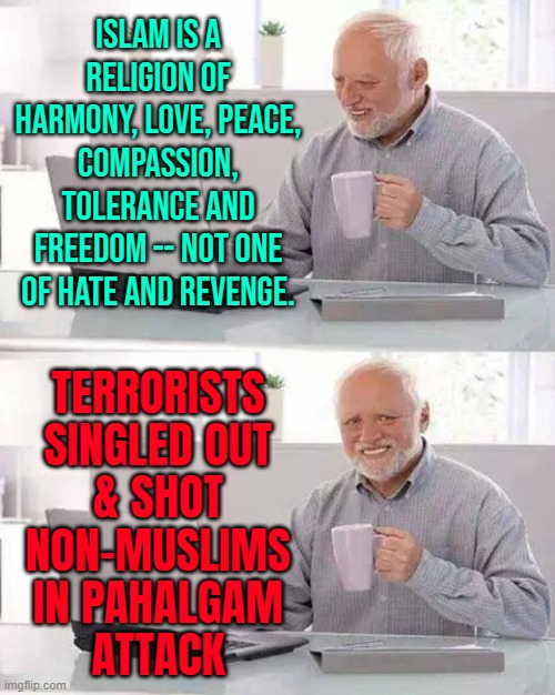 Pahalgam Terror Attack | ISLAM IS A RELIGION OF HARMONY, LOVE, PEACE, COMPASSION, TOLERANCE AND FREEDOM -- NOT ONE OF HATE AND REVENGE. TERRORISTS
SINGLED OUT
& SHOT
NON-MUSLIMS
IN PAHALGAM
ATTACK | image tagged in memes,hide the pain harold,islamic terrorism,radical islam,anti-religion,world war 3 | made w/ Imgflip meme maker