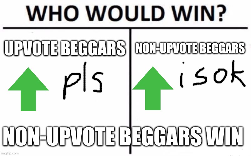 comment if you hate upvote beggars(that was a competition for 1 million followers in the meme and i could not add it) | UPVOTE BEGGARS; NON-UPVOTE BEGGARS; NON-UPVOTE BEGGARS WIN | image tagged in memes,who would win | made w/ Imgflip meme maker