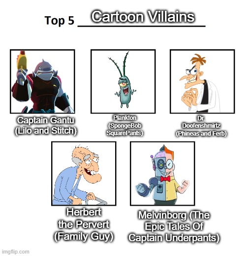 Top 5 Cartoon Villains | Cartoon Villains; Dr. Doofenshmirtz (Phineas and Ferb); Captain Gantu (Lilo and Stitch); Plankton (SpongeBob SquarePants); Melvinborg (The Epic Tales Of Captain Underpants); Herbert the Pervert (Family Guy) | image tagged in top 5,cartoons,family guy,phineas and ferb,spongebob | made w/ Imgflip meme maker