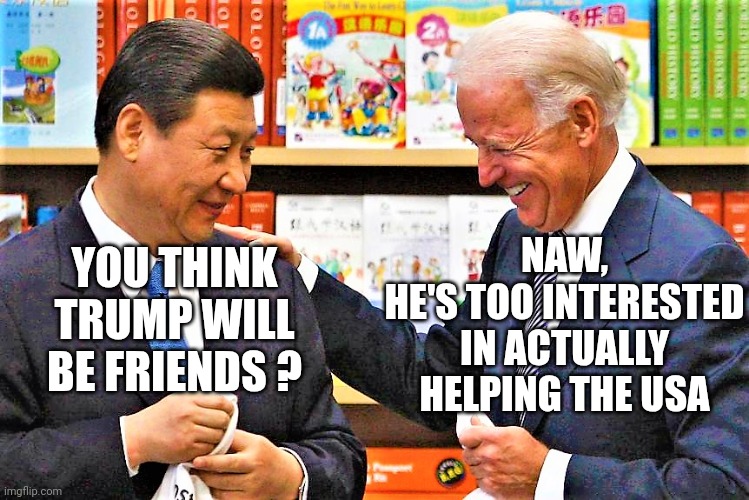 Xi Jinping and Biden | YOU THINK TRUMP WILL BE FRIENDS ? NAW,
HE'S TOO INTERESTED IN ACTUALLY HELPING THE USA | image tagged in xi jinping and biden | made w/ Imgflip meme maker