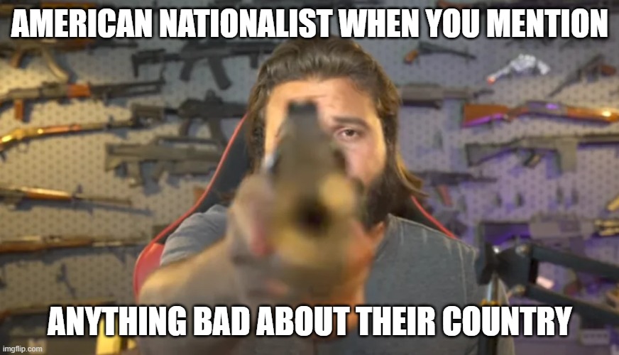 saw this pic on reddit and had to | AMERICAN NATIONALIST WHEN YOU MENTION; ANYTHING BAD ABOUT THEIR COUNTRY | image tagged in america | made w/ Imgflip meme maker