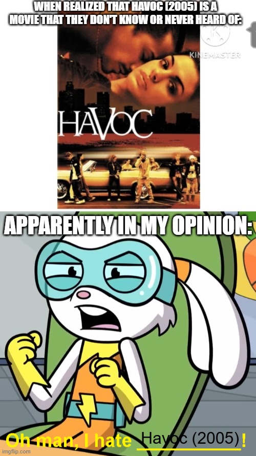 This 2005 film Havoc, is nothing but abomination and very unworthy, I prefer 2025 film version in this title was way better IMO | WHEN REALIZED THAT HAVOC (2005) IS A MOVIE THAT THEY DON'T KNOW OR NEVER HEARD OF:; APPARENTLY IN MY OPINION:; Havoc (2005) | image tagged in meme,memes,super duper bunny league,worst movie,opinion,havoc 2005 | made w/ Imgflip meme maker