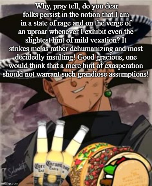 Goku Mexicano | Why, pray tell, do you dear folks persist in the notion that I am in a state of rage and on the verge of an uproar whenever I exhibit even the slightest hint of mild vexation? It strikes me as rather dehumanizing and most decidedly insulting! Good gracious, one would think that a mere hint of exasperation should not warrant such grandiose assumptions! | image tagged in goku mexicano | made w/ Imgflip meme maker