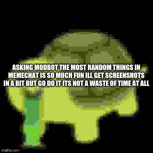 Low Quality Barfing Turtle | ASKING MODBOT THE MOST RANDOM THINGS IN MEMECHAT IS SO MUCH FUN ILL GET SCREENSHOTS IN A BIT BUT GO DO IT ITS NOT A WASTE OF TIME AT ALL | image tagged in low quality barfing turtle | made w/ Imgflip meme maker