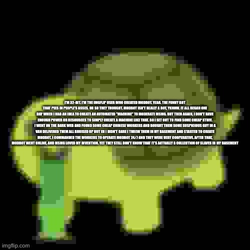 Low Quality Barfing Turtle | I'M 32-BIT. I'M THE IMGFLIP USER WHO CREATED MODBOT. YEAH. THE FUNNY BOT THAT PEES IN PEOPLE'S ASSES. OR SO THEY THOUGHT. MODBOT ISN'T REALLY A BOT, YKNOW. IT ALL BEGAN ONE DAY WHEN I HAD AN IDEA TO CREATE AN AUTOMATED "MACHINE" TO MODERATE MSMG. BUT THEN AGAIN, I DON'T HAVE ENOUGH POWER OR RESOURCES TO SIMPLY CREATE A MACHINE LIKE THAT. SO I SET OUT TO FIND SOME CHEAP STUFF. I WENT ON THE DARK WEB AND FOUND SOME CHEAP CHINESE WORKERS AND BOUGHT THEM SOME SUSPICIOUS GUY IN A VAN DELIVERED THEM ALL BRUISED UP BUT EH I DIDN'T CARE I THREW THEM IN MY BASEMENT AND STARTED TO CREATE MODBOT. I COMMANDED THE WORKERS TO OPERATE MODBOT 24/7 AND THEY WERE VERY COOPERATIVE. AFTER THAT, MODBOT WENT ONLINE, AND MSMG LOVED MY INVENTION. YET THEY STILL DON'T KNOW THAT IT'S ACTUALLY A COLLECTION OF SLAVES IN MY BASEMENT | image tagged in low quality barfing turtle | made w/ Imgflip meme maker