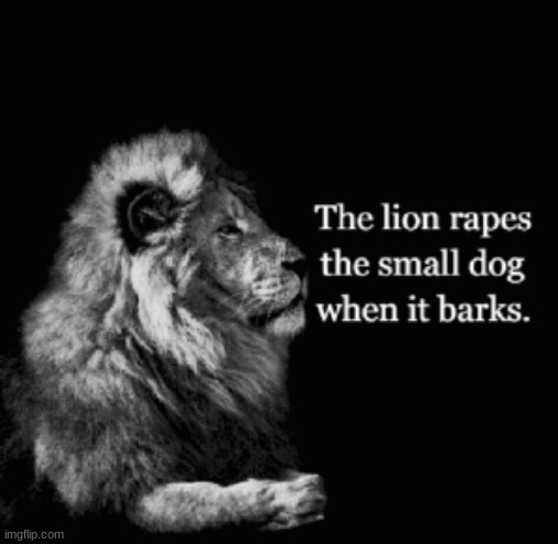 The lion rapes the small dog when it barks | image tagged in the lion rapes the small dog when it barks | made w/ Imgflip meme maker