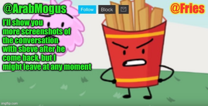 ArabMogus and Fries shared temp | I’ll show you more screenshots of the conversation with sbeve after he come back, but I might leave at any moment | image tagged in arabmogus and fries shared temp | made w/ Imgflip meme maker