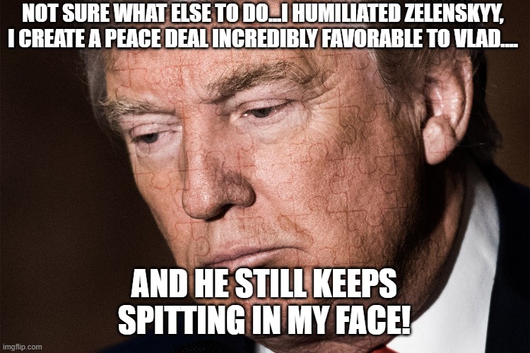 Sad Donnie | NOT SURE WHAT ELSE TO DO...I HUMILIATED ZELENSKYY, I CREATE A PEACE DEAL INCREDIBLY FAVORABLE TO VLAD.... AND HE STILL KEEPS SPITTING IN MY FACE! | image tagged in maga,trump,never trump,russo-ukrainian war,trump sucks,conservative | made w/ Imgflip meme maker