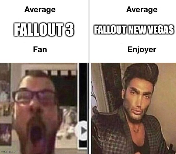 fallout memes because I haven't found a stream with them | FALLOUT NEW VEGAS; FALLOUT 3 | image tagged in average fan vs average enjoyer | made w/ Imgflip meme maker