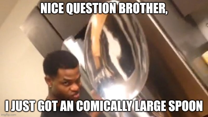 Comically Large Spoon | NICE QUESTION BROTHER, I JUST GOT AN COMICALLY LARGE SPOON | image tagged in comically large spoon | made w/ Imgflip meme maker