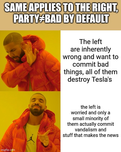 I'm tired of seeing everyone assume the left or right is fully filled with idiots that don't know how to open a door | SAME APPLIES TO THE RIGHT, 
PARTY≠BAD BY DEFAULT; The left are inherently wrong and want to commit bad things, all of them destroy Tesla's; the left is worried and only a small minority of them actually commit vandalism and stuff that makes the news | image tagged in memes,drake hotline bling | made w/ Imgflip meme maker