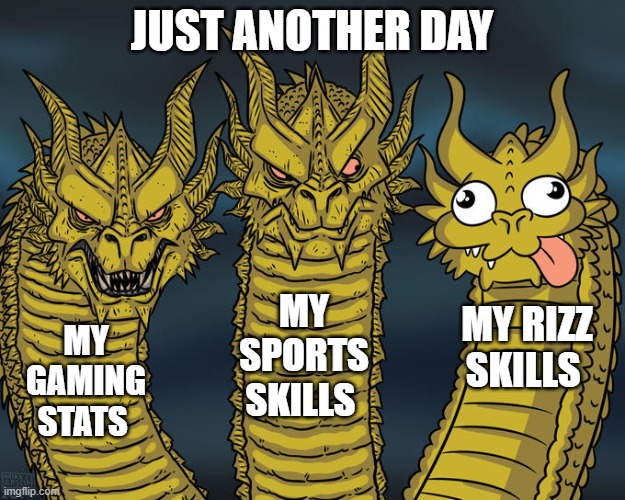 Three-headed Dragon | JUST ANOTHER DAY; MY SPORTS SKILLS; MY RIZZ SKILLS; MY GAMING STATS | image tagged in three-headed dragon | made w/ Imgflip meme maker
