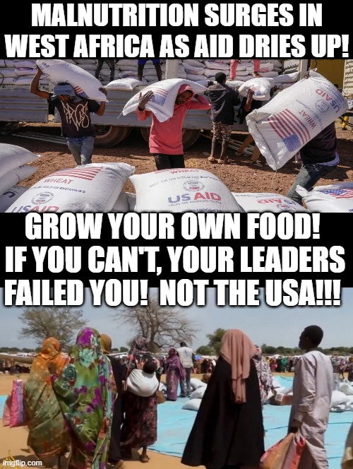 Grow your own food! | MALNUTRITION SURGES IN WEST AFRICA AS AID DRIES UP! GROW YOUR OWN FOOD!  IF YOU CAN'T, YOUR LEADERS FAILED YOU!  NOT THE USA!!! | image tagged in starvation,sam elliott special kind of stupid | made w/ Imgflip meme maker