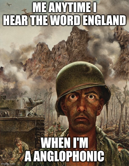 a thousand yard stare | ME ANYTIME I HEAR THE WORD ENGLAND; WHEN I'M A ANGLOPHONIC | image tagged in a thousand yard stare | made w/ Imgflip meme maker