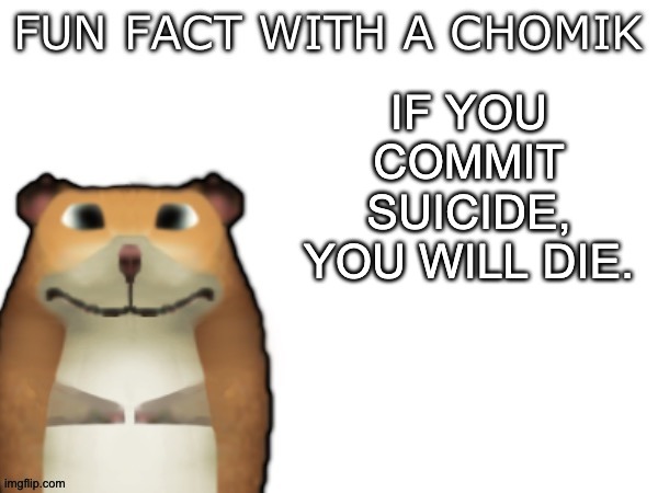 Fun Fact with a Chomik | IF YOU COMMIT SUICIDE, YOU WILL DIE. | image tagged in fun fact with a chomik | made w/ Imgflip meme maker