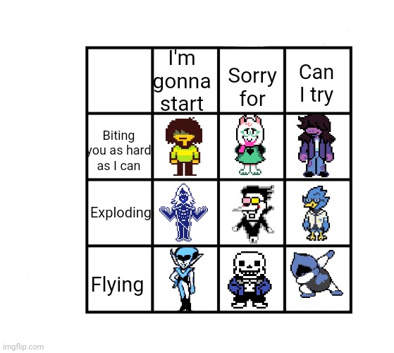 Alignment chart | I'm gonna start; Can I try; Sorry for; Biting you as hard as I can; Exploding; Flying | image tagged in 4x4 alignment chart,alignment chart,deltarune | made w/ Imgflip meme maker
