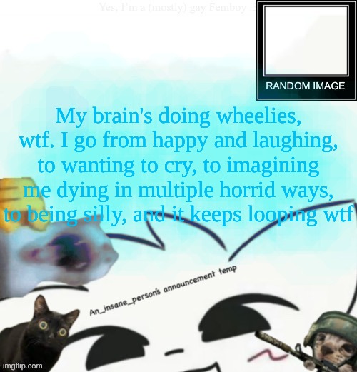 My lil announcement | My brain's doing wheelies, wtf. I go from happy and laughing, to wanting to cry, to imagining me dying in multiple horrid ways, to being silly, and it keeps looping wtf | image tagged in my lil announcement | made w/ Imgflip meme maker