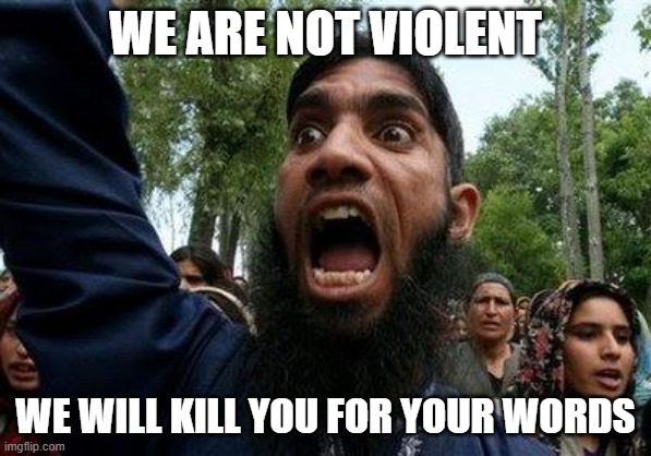 Angry Muslim | WE ARE NOT VIOLENT WE WILL KILL YOU FOR YOUR WORDS | image tagged in angry muslim | made w/ Imgflip meme maker