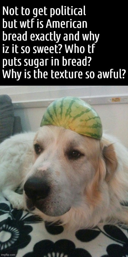 Americans... Why? Same with the pastries over there. Why iz there sugar in EVERYTHING? | Not to get political but wtf is American bread exactly and why iz it so sweet? Who tf puts sugar in bread? Why is the texture so awful? | image tagged in not to get political but | made w/ Imgflip meme maker