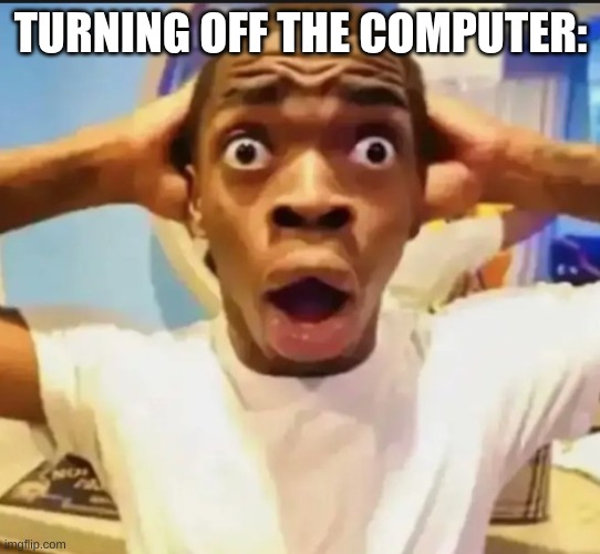 Surprised Black Guy | TURNING OFF THE COMPUTER: | image tagged in surprised black guy | made w/ Imgflip meme maker
