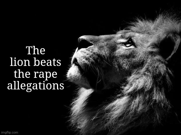 sad lion | The lion beats the rape allegations | image tagged in sad lion | made w/ Imgflip meme maker