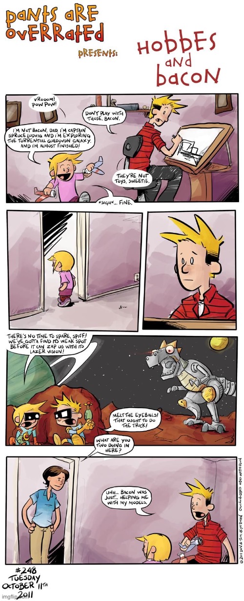 Bacon and Spiff team up against a vicious space beast… | image tagged in calvin and hobbes,comics,hobbes and bacon,spaceman spiff,tribute | made w/ Imgflip meme maker