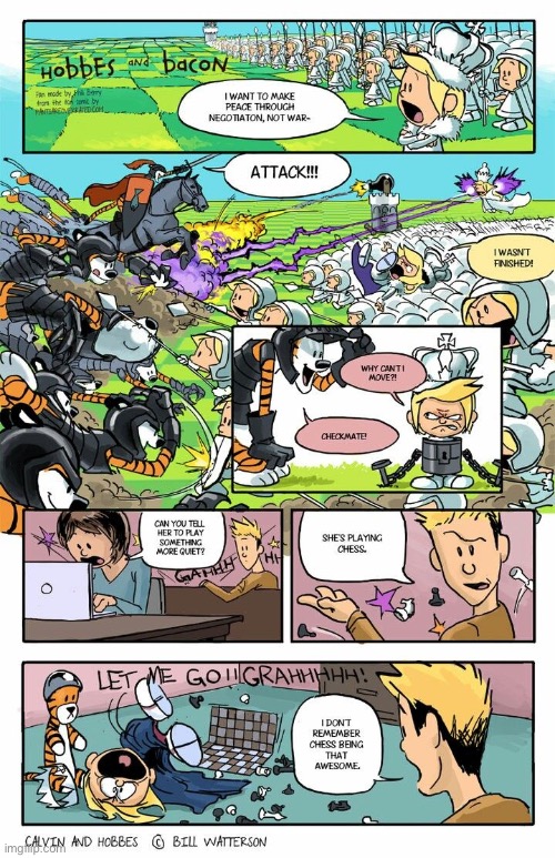 A tribute to “Calvin & Hobbes”, starring Hobbes and Calvin and Susie’s daughter, Bacon. | image tagged in comics,hobbes and bacon,tribute,calvin and susie,battle chess | made w/ Imgflip meme maker