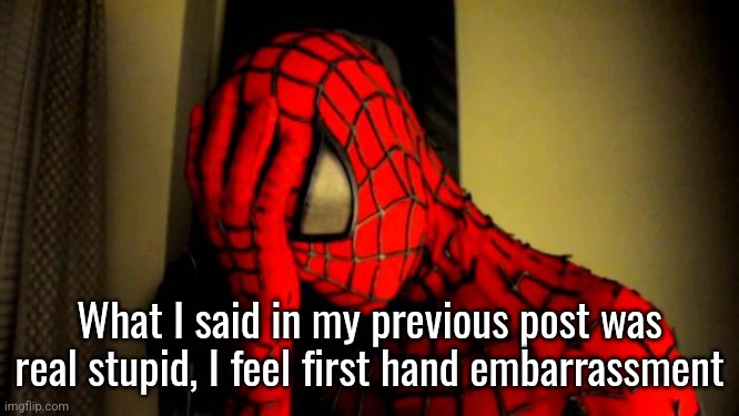 spiderman facepalm | What I said in my previous post was real stupid, I feel first hand embarrassment | image tagged in spiderman facepalm | made w/ Imgflip meme maker