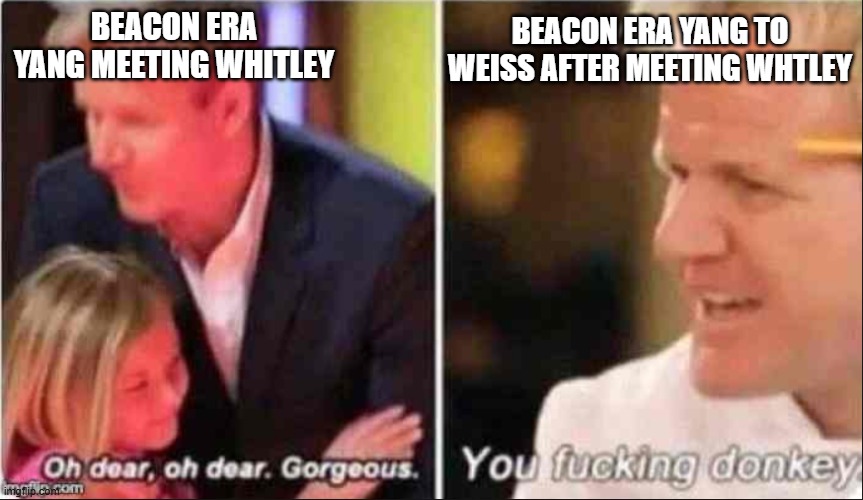 Oh Dear Oh Dear Gorgeous | BEACON ERA YANG TO WEISS AFTER MEETING WHTLEY; BEACON ERA YANG MEETING WHITLEY | image tagged in oh dear oh dear gorgeous | made w/ Imgflip meme maker