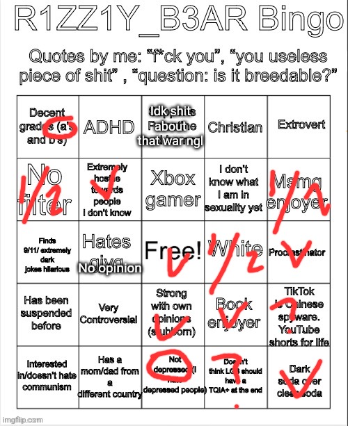 Rizzly bear bingo | Idk shit about that war ngl; No opinion | image tagged in rizzly bear bingo | made w/ Imgflip meme maker