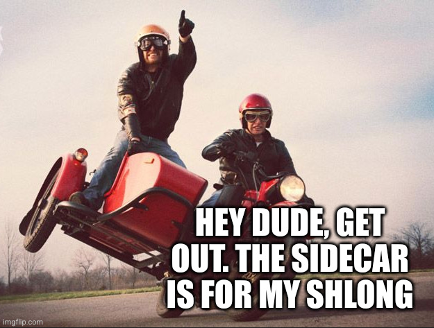 Sidecar | HEY DUDE, GET OUT. THE SIDECAR IS FOR MY SHLONG | image tagged in sidecar | made w/ Imgflip meme maker