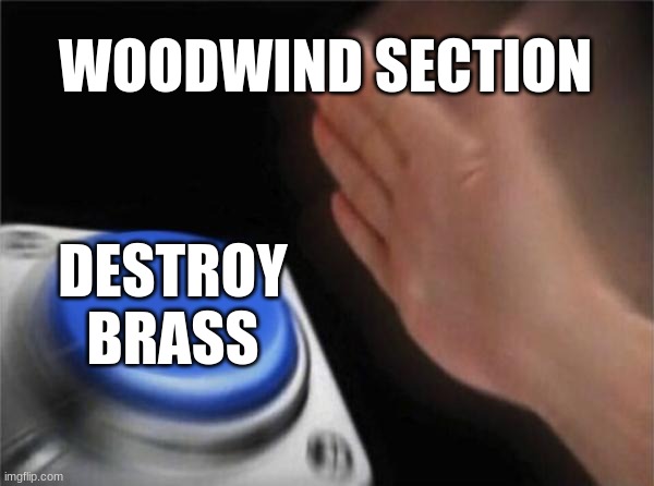 Blank Nut Button | WOODWIND SECTION; DESTROY
BRASS | image tagged in memes,blank nut button | made w/ Imgflip meme maker