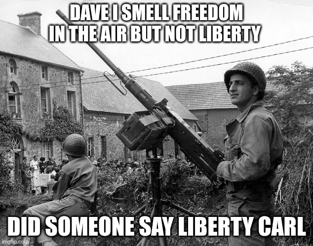 freedom | DAVE I SMELL FREEDOM IN THE AIR BUT NOT LIBERTY; DID SOMEONE SAY LIBERTY CARL | image tagged in ww2 | made w/ Imgflip meme maker