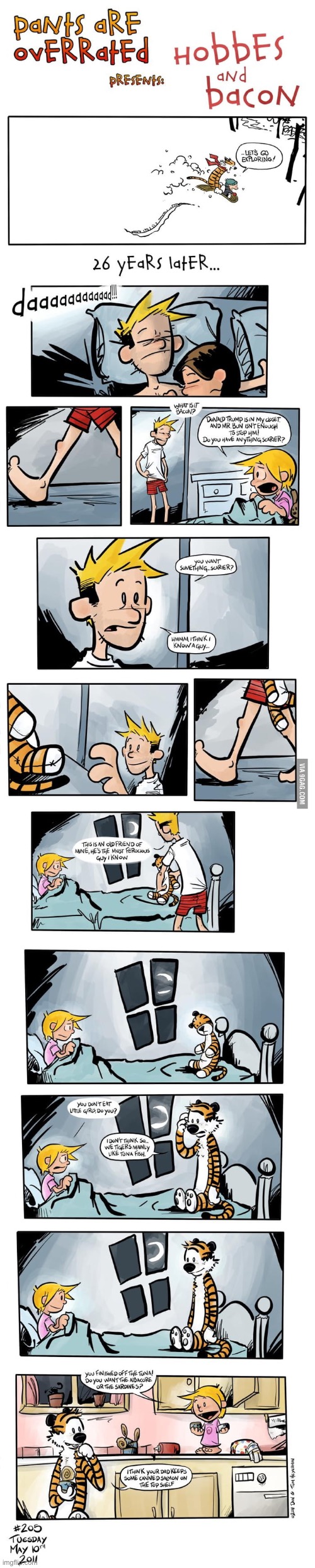 The first episode of “Hobbes and Bacon”… Bacon meets Hobbes for the first time! | image tagged in calvin and hobbes,hobbes and bacon,the first meeting,tribute,tuna fish | made w/ Imgflip meme maker