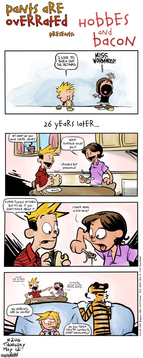 image tagged in comics,hobbes and bacon,calvin and susie,tribute,eating icky stuff,smooching | made w/ Imgflip meme maker