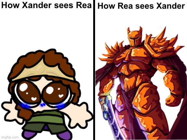 Solar Flare Armor art not mine, all credit to the artists | How Xander sees Rea; How Rea sees Xander | image tagged in square divided in half | made w/ Imgflip meme maker