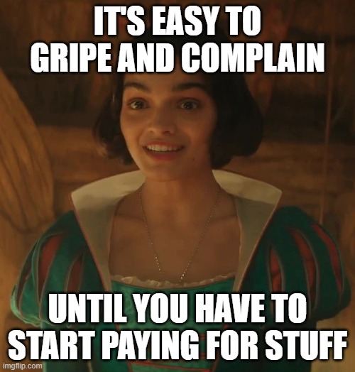 Live Action Snow White | IT'S EASY TO GRIPE AND COMPLAIN; UNTIL YOU HAVE TO START PAYING FOR STUFF | image tagged in live action snow white | made w/ Imgflip meme maker