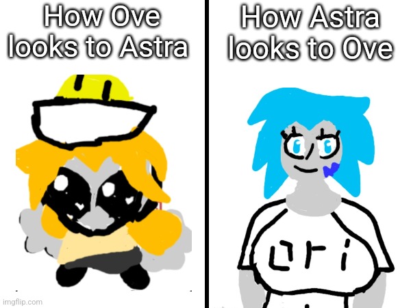 The ove drawing is kinda ass but this must be made a trend | How Ove looks to Astra; How Astra looks to Ove | image tagged in square divided in half | made w/ Imgflip meme maker