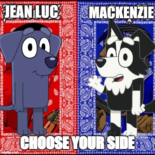 CHOOSE OR lose all access to disney plus when season 4 comes out | MACKENZIE; JEAN LUC; CHOOSE YOUR SIDE | image tagged in blood and crip,bluey | made w/ Imgflip meme maker