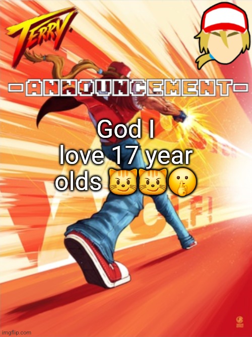 (17 btw) | God I love 17 year olds 😼😼🤫 | image tagged in terry bogard temp better | made w/ Imgflip meme maker