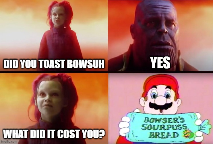 TOASTAHS! | DID YOU TOAST BOWSUH; YES; WHAT DID IT COST YOU? | image tagged in thanos what did it cost,hotel mario,cdi,toast,all toasters toast toast | made w/ Imgflip meme maker