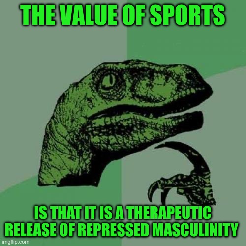Philosoraptor | THE VALUE OF SPORTS; IS THAT IT IS A THERAPEUTIC RELEASE OF REPRESSED MASCULINITY | image tagged in memes,philosoraptor | made w/ Imgflip meme maker